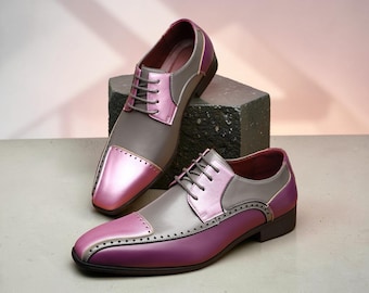 Primo Pelle Two-Tone Leather Derby Shoes: Purple Grey Formal Oxfords