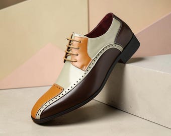 Primo Pelle Three Tone Leather Derby Shoes, Mustard Brown Cream Oxfords
