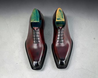 Primo Pelle Burgundy Shaded Leather Men's Handmade Lace Up Formal Shoes.