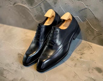 Primo Pelle Black Leather Men's Handmade Lace Up Wingtip Formal Shoes.