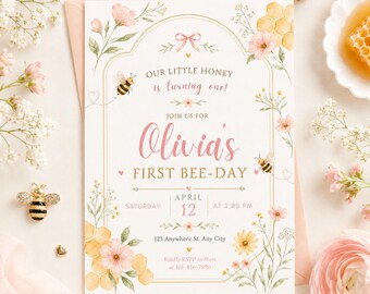 Einladung zum ersten Geburtstag einer Biene – Bearbeitbare Canva-Vorlage – Honigbiene – Blumendesign – Mädchen – Erster Geburtstag