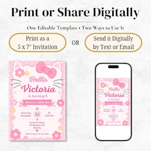 A pink cat-themed birthday invitation next to a smartphone displaying the same invitation, illustrating options to "Print as a 5 x 7" Invitation" or "Send it Digitally."