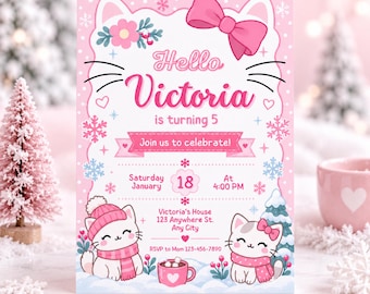 Einladung zum Geburtstag einer süßen Winterkatze – Bearbeitbare digitale Canva-Vorlage
