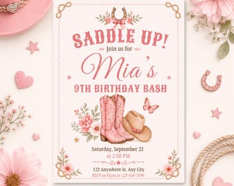 Einladung zum Geburtstag im Western-Rodeo-Stil mit rosa Cowgirl-Motiv, floralem Schmetterlingsmuster, bearbeitbarer Canva-Vorlage, Einladung zur Hoedown-Party für Mädchen