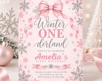 Winterwunderland – Einladung zum ersten Geburtstag für Mädchen mit rosa Schleife und rosa-silbernen Schneeflocken (bearbeitbare Canva-Vorlage)