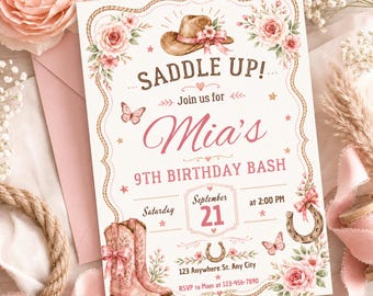 Einladung zum Cowgirl-Geburtstag, rosa Western-Rodeo-Party, bearbeitbare Canva-Vorlage, rosa Cowgirl-Geburtstagseinladung, Hoedown-Party, Mädchen-Geburtstagseinladung