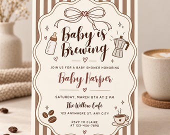Babyparty-Einladung mit Kaffeemotto – Bearbeitbare Canva-Vorlage