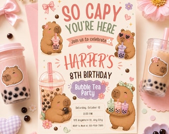 Bubble-Tea-Capybara-Geburtstagseinladung – So Capy To Be Party-Einladung – Niedliche Kawaii-Mädchen-Bubble-Tea-Einladung – Bearbeitbare Canva-Vorlage – Für jedes Alter