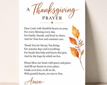 Thanksgiving-Gebet zum Ausdrucken, christliche Familien-Thanksgiving-Dekoration, Herbst-Wandbild, Gedichtkarte, Erinnerungsstück für die Sonntagsschule, Gebetskarte (PDF)