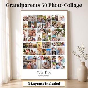 May include: A vertical rectangular photo collage print titled Grandparents 50 Photo Collage, featuring fifty individual color photographs of families and seniors arranged in a grid. The bottom section includes placeholders for Your Title and Your Subtitle.