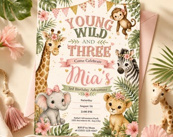 Einladung zum 3. Geburtstag für junge Wilde und Dreijährige – Safari-Geburtstagseinladung – Bearbeitbare Canva-Vorlage – Dschungel-Geburtstagsparty für Mädchen