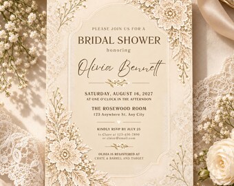 Invitación elegante de encaje para despedida de soltera, invitación vintage floral beige para despedida de soltera, plantilla editable de Canva color marfil