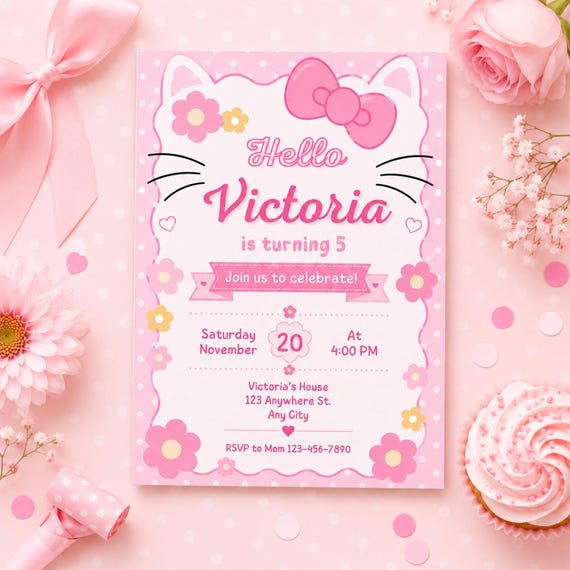 Cat Birthday Invitation Cat Birthday Invite Kitty Birthday Invitation Editable Canva Template Cute Cat Girl Bday Invite Kitty Party Invite
