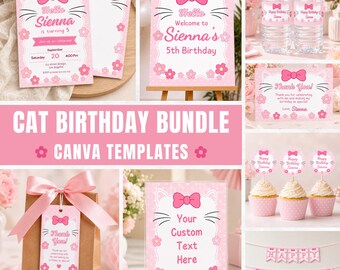 Katzengeburtstags-Bundle, Kitty-Geburtstagsparty-Paket, bearbeitbare Canva-Vorlagen, süße rosa Katzenmädchen-Geburtstagsdeko zum Ausdrucken, digital