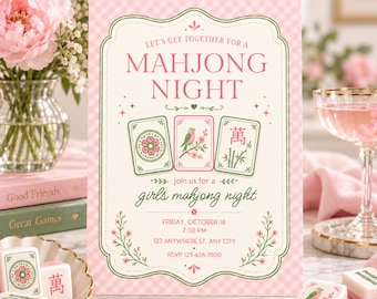 Mahjong-Einladung für Mädelsabend – Spieleabend-Party-Einladung für Mädchen – Druckbare Canva-Vorlage – Digitale Einladung