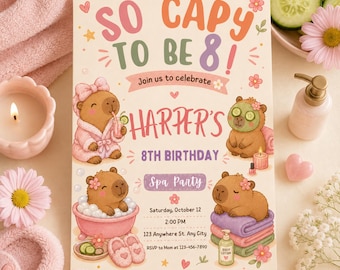 Capybara Spa Geburtstagseinladung – So Capy To Be Party Einladung – Niedliche Kawaii Tier-Mädchen-Geburtstagseinladung – Bearbeitbare Canva-Vorlage – Jedes Alter