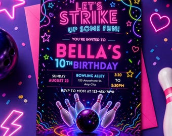 Bowling-Geburtstagseinladung, Leucht-Bowling-Einladung, bearbeitbare Canva-Vorlage, Neon-Leucht-Party-Einladung für Mädchen, Bowling-Spaß
