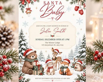 Weihnachtsmann-Babyparty-Einladung mit Waldtieren, Winter-Babyparty-Einladung, festliche Babyparty im Winterwald-Stil, bearbeitbare Vorlage