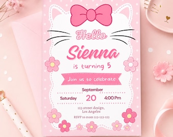 Einladung zum Katzengeburtstag, bearbeitbare Canva-Vorlage, süße Einladung zum Geburtstag eines Katzenmädchens, Einladung zur Katzenparty