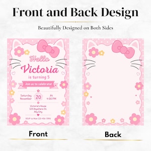 Two pink cat-themed birthday invitations, one showing the front with event details and the other showing a blank back, labeled "Front" and "Back" respectively.