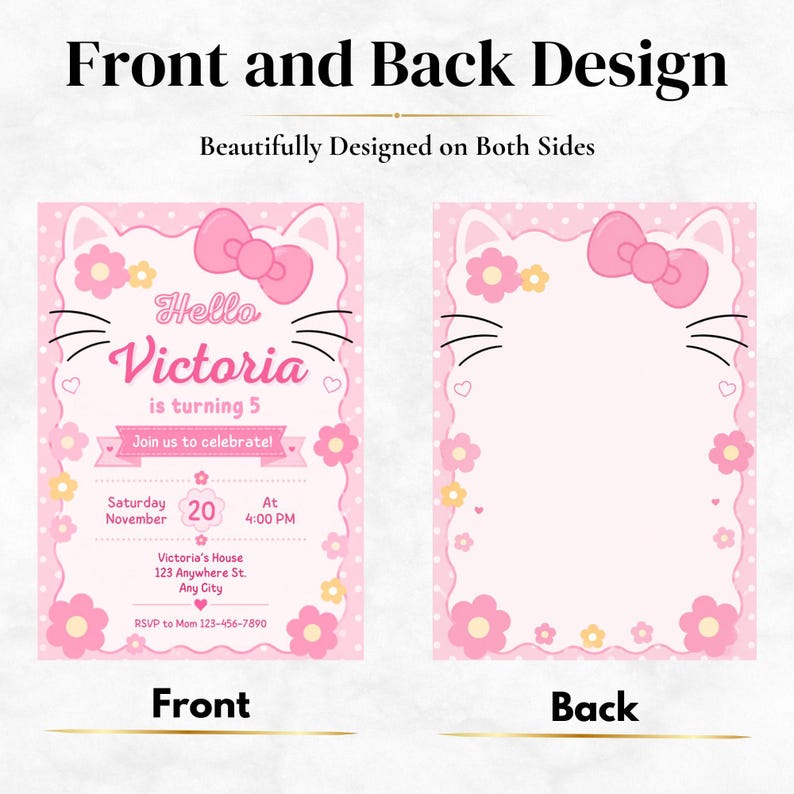 Two pink cat-themed birthday invitations, one showing the front with event details and the other showing a blank back, labeled "Front" and "Back" respectively.
