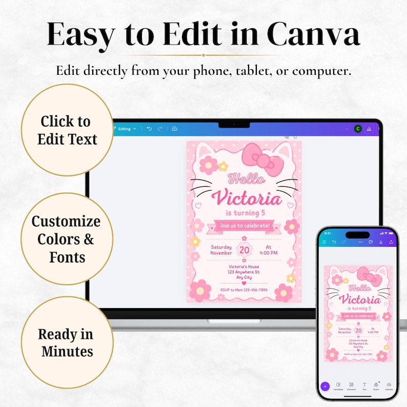 A laptop and a smartphone displaying the pink cat-themed birthday invitation template in an editing interface, with text indicating editable features.