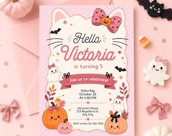 Halloween-Geburtstagseinladung mit Katze, süße Geister-Kürbis-Katzen-Mädchen-Geburtstagseinladung, bearbeitbare Canva-Vorlage