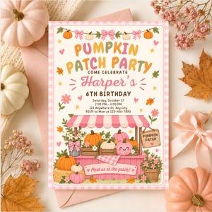 May include: A rectangular invitation card with a pink gingham border featuring the text Pumpkin Patch Party, Come Celebrate Harper's 6th Birthday, date, time, location, and RSVP details. The design includes pumpkins, flowers, and a stand.