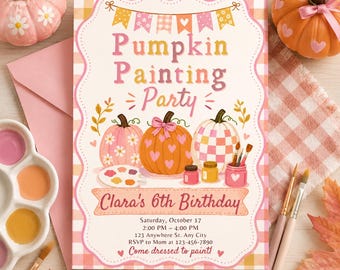 Einladung zur Kürbismalparty, Herbstgeburtstagseinladung, Halloween-Kürbismalparty, Geburtstagskind, Herbstparty, bearbeitbare Canva-Vorlage