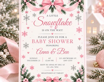 Einladung zur Babyparty „Ein kleiner Schneeflocke ist unterwegs“ mit rosa Schleife und Schneeflocken – Winterliche Babyparty-Einladung – Weihnachtsvorlage