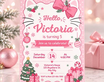 Christmas Cat Birthday Invitation Kitty Christmas Party Invite Cute Winter Cat Girl Birthday Invitation Editable Digital Canva Template
