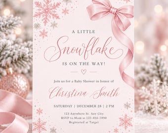 Einladung zur Babyparty mit rosa Schleife und Schneeflockenmotiv – „Eine kleine Schneeflocke ist unterwegs“ (Canva-Vorlage)