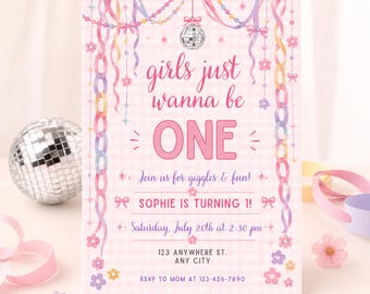 Disco-Mädchen wollen nur eins sein – Geburtstagseinladung mit verspielter Girlande, rosa Pastell, Retro-Stil – Digitale Canva-Vorlage für die 1. Geburtstagsparty von Mädchen