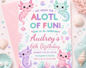 Axolotl-Geburtstagseinladung, Aquarell-Axolotl-Partyeinladung, Mädchen unter dem Meer, bearbeitbare Canva-Vorlage, Mach dich bereit für jede Menge Spaß!