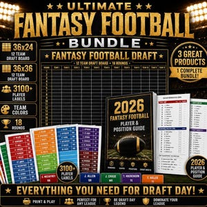2026 Fantasy Football Draft Day Bundle | 36x24 and 36x36 12 Team Draft Board + 3100+ Player Labels + Player Position Guide