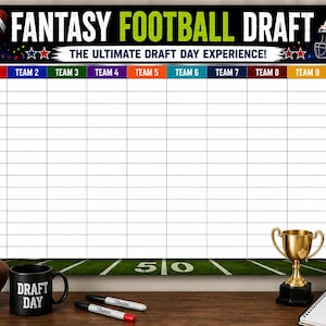 May include: A large rectangular fantasy football draft board featuring a grid for ten teams and fifteen rounds. The board displays the text FANTASY FOOTBALL DRAFT and THE ULTIMATE DRAFT DAY EXPERIENCE, decorated with a football, helmet, and stadium lights.