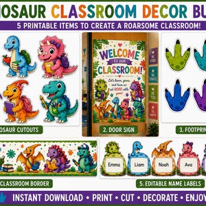 May include: A dinosaur classroom decor bundle featuring printable items including dinosaur cutouts, a welcome door sign, footprint cutouts, a classroom border, and editable name labels. The graphics display colorful cartoon dinosaurs with school supplies.