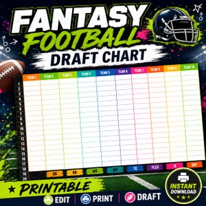 Fantasy-Football-Draft-Board für 12 Teams | Druckbare Draft-Vorlage (14 x 8,5 Zoll) | Fantasy-Football-Tracker in leuchtenden Farben | Digitaler Download