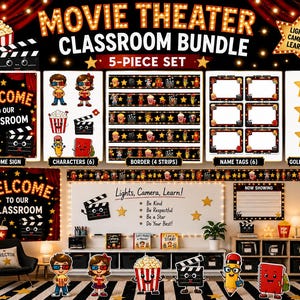Movie Theater Classroom Decor Bundle | Lights Camera Learn Theme | Welcome Sign, Border, Cutouts, Name Tags & Gold Stars
