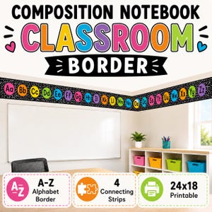 Bordo per quaderno di composizione con lettere dalla A alla Z / Bordo con alfabeto colorato / Ritorno a scuola