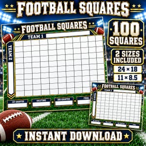 Puede incluir: Un conjunto de tableros de juego Football Squares con una cuadrícula de 100 casillas, etiquetado para Team 1 y Team 2, con secciones para 1st Quarter, Halftime, 3rd Quarter y Final. Incluye dos tamaños: 61 x 46 cm y 28 x 22 cm para descarga.