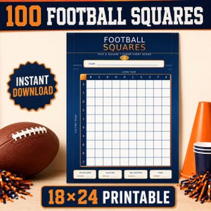 Puede incluir: Una hoja de juego de football squares imprimible de 46x61 cm con fondo azul oscuro y texto naranja. La cuadrícula presenta filas y columnas numeradas, espacios para nombres de equipos y secciones para los ganadores de cada cuarto y final.