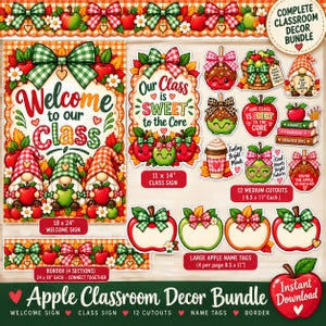 Apple Classroom Decor Bundle, Fall Bulletin Board Printable, Welcome Sign, Sweet to the Core Class Sign, Apple Cutouts, Name Tags Gingham