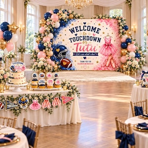 „Touchdown oder Tutu“-Gender-Reveal-Set | Hintergrund, Willkommensschild, Tortenaufsatz und Cupcake-Aufsätze