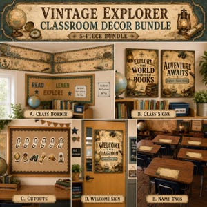 May include: A vintage explorer classroom decor bundle featuring five pieces including a border, signs, cutouts, a welcome sign, and name tags. The set displays maps, globes, lanterns, and compasses with text like Explore the World Through Books.