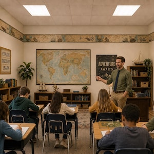 May include: A classroom setting featuring a teacher standing before students at desks. The walls are decorated with a large world map, a sign reading EXPLORE DISCOVER LEARN, and another stating ADVENTURE AWAITS. A globe and books are visible.