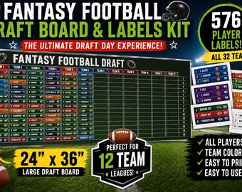 Fantasy Football 12 Team Draft Board & Player Labels Printable | 24x36 Draft Kit | 12 Team League | Football Draft Stickers PDF
