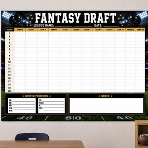 May include: A large rectangular fantasy football draft board featuring a black background with stadium lights, football helmets, and a white grid for 20 rounds and 12 teams. It includes sections for league name, date, roster positions, and notes.