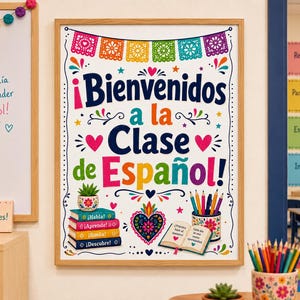 May include: A framed classroom poster with the text ¡Bienvenidos a la Clase de Español! featuring colorful papel picado banners, a stack of books labeled Habla, Aprende, Sueña, Descubre, a decorative heart illustration, and a cup of colored pencils.