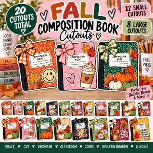 Pode incluir: Um conjunto de 20 recortes com tema de outono de cadernos com vários padrões, laços, abóboras, copos de café e folhas. A coleção inclui 12 recortes pequenos e 8 grandes com o texto Fall Composition Book Cutouts.